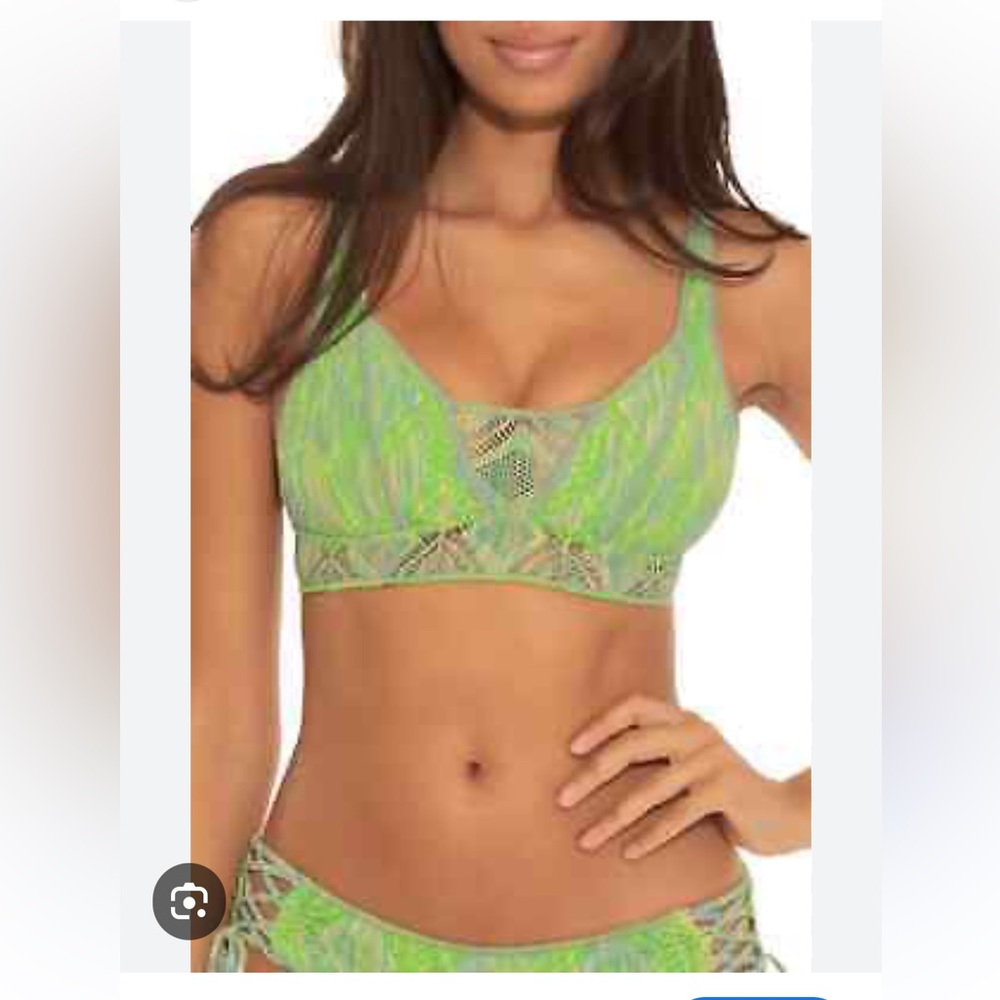 Becca green mosaic crochet tie hipster bottom with bikini top set S M
